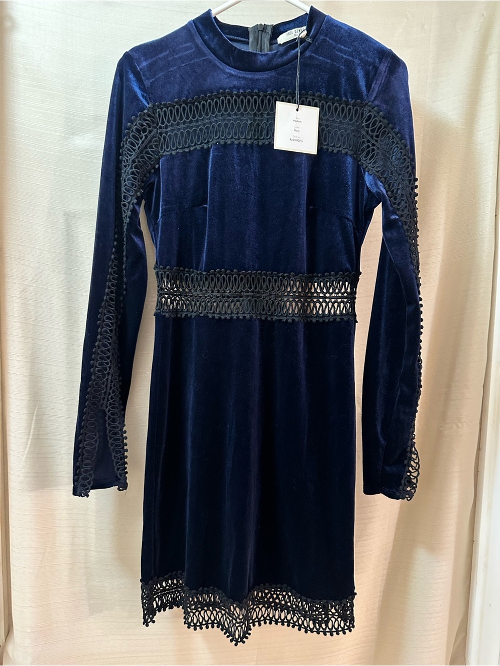 Free Generation Los Angeles Navy Velvet Lace Trim Long Sleeve Dress NWT M